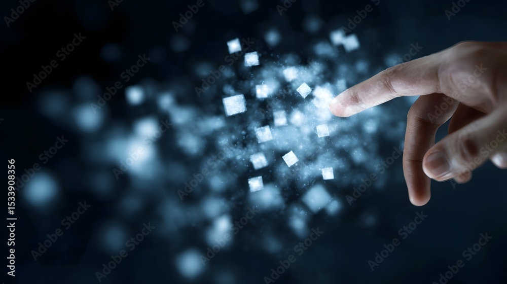Poster a hand pointing at floating digital sequence icons