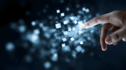 A hand pointing at floating digital sequence icons