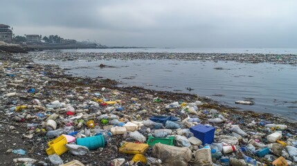 Pollution from Plastic Waste on Coastal Shoreline with Debris