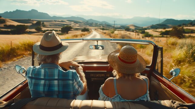 An elderly couple is driving in a vintage car through the countryside.