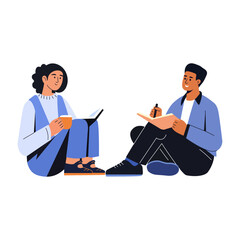 A flat style illustration showing friends studying