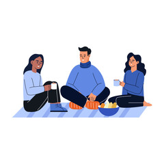 A flat style illustration showing friends picnic