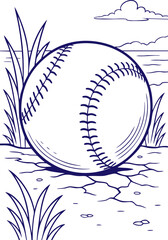 Baseball on ground in line art style with grass and sky