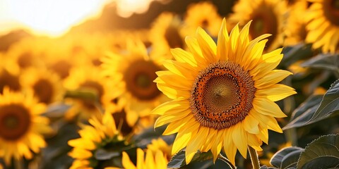 Obraz premium sunflowers blooming in synchronized rows across a wide agricultural plain, golden petals highlighted by sunset rays, shadow play among plants, long perspective toward horizon, realistic lighting