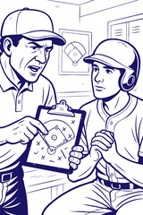 Baseball coach giving strategy talk to player in locker room