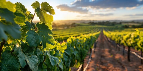 vineyard captured from low angle, foreground vine dominating frame with background rows diminishing toward soft evening light, mild cloud texture above horizon, immersive focus on structure