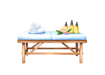 Illustration of a spa massage table equipped with soft towels, essential oils, and a beautiful lotus flower, ideal for themes of wellness and relaxation.