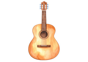 Obraz premium A charming watercolor illustration of a classic acoustic guitar, featuring natural wood textures. Perfect for music themed designs or educational materials.