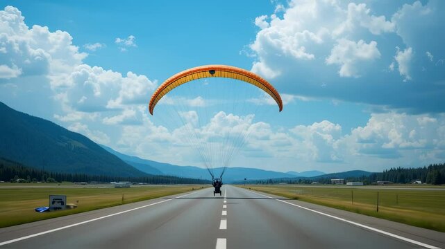 Tandem Paramotor Prepares for Takeoff on Asphalt Runway Under Blue Sky with Clouds