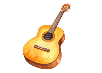 A vibrant watercolor illustration of a classic acoustic guitar, featuring warm wooden tones. Ideal for music education, concert promotions, or artistic designs.