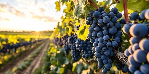 grapes under mesh netting for protection, captured at mid-day with intense lighting, clear rows extending into distant fields, detailed textures in fruit and leaves, horizon marked by soft rolling