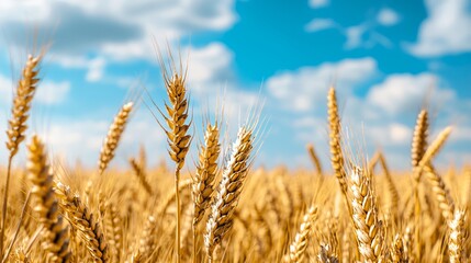 a vast wheat field stretching to the distant horizon, golden stalks swaying in the gentle breeze, deep blue sky with soft clouds, captured during late afternoon with warm natural lighting