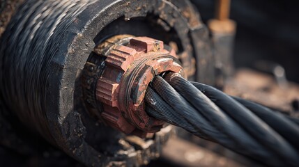A close up view of a thick metal cable running through a rusty gear mechanism with dark background