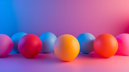 3D rendering of a colorful set of spheres in a gradient background. The spheres are arranged in a row, with the yellow sphere in the center.