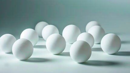 Ping pong balls on a blue background. The balls are arranged in a cluster, with the front few balls out of focus.