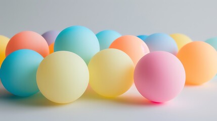 A soft pastel colored playground balls of various sizes are scattered on a white surface.