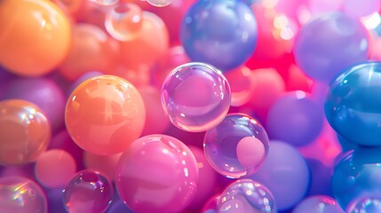 3D rendering of a cluster of pastel colored glossy spheres with a few transparent ones.