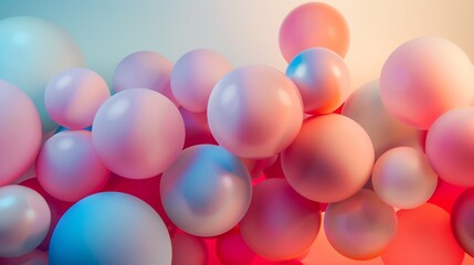 3D rendering of a bunch of pastel colored spheres with a glossy surface. The spheres are of different sizes and are positioned in a random order.