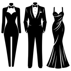 Formal wear icons tuxedo jumpsuit and gown