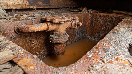 Rusty metal tank with pipes and valve submerged in murky liquid