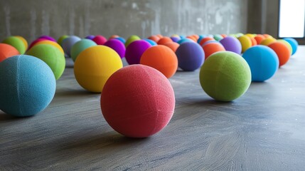 Colorful balls of various sizes are scattered on the floor in a large room.