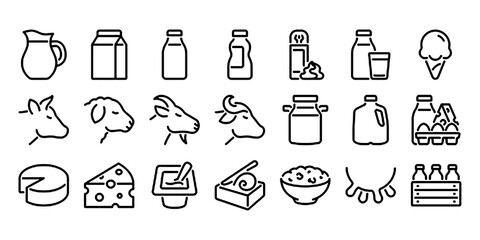 Dairy and milk products editable stroke outline icons set isolated on white background flat vector illustration.