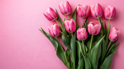 Obraz premium Beautiful composition spring flowers. Bouquet of pink tulips flowers on pastel pink background