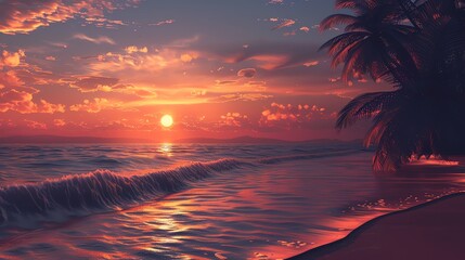 The setting sun casts a golden glow over the ocean. The waves are gently lapping at the shore. A palm tree is silhouetted against the sky.
