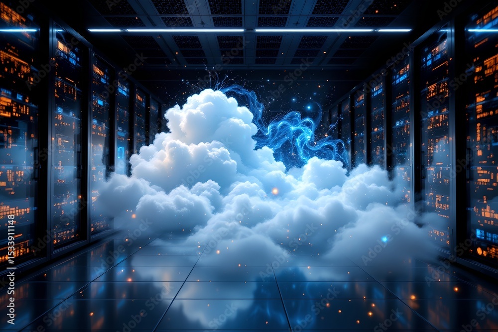 Poster cloud computing transformation data center digital art futuristic environment close-up view innovati