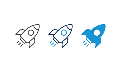 Rocket Ship Launch Icon Set Flat Vector Design in Blue and Gray Styles