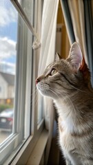 Vertical close-up of a cat looking out the window, soft natural lighting, cozy home background.