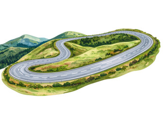 Watercolor illustration of a winding mountain road traversing green hills with distant peaks, depicting a scenic journey or travel concept.