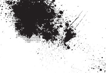 Fototapeta premium Grunge vector art of a black ink splatter pattern with halftone dotted texture on white background