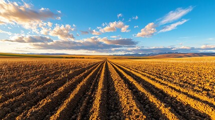 expansive potato farm with furrowed ridges, low sunlight catching the textured soil, sparse clouds casting moving shadows, slight slope adds depth to horizon