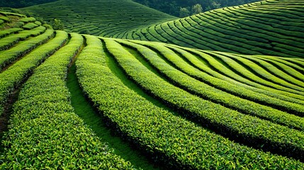 high-altitude tea plantation terraces with precise curves, mist swirling over green leaves, natural symmetry and deep contrast between soil and foliage