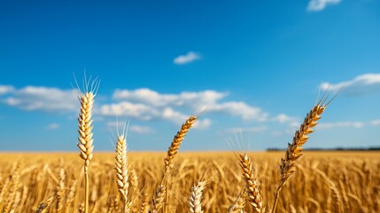 a vast wheat field stretching to the distant horizon, golden stalks swaying in the gentle breeze, deep blue sky with soft clouds, captured during late afternoon with warm natural lighting