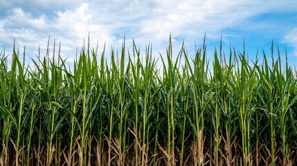 Fototapeta premium a rural sugarcane field in tropical light, tall vertical stalks forming natural walls leading to open sky, subtle shadows between rows, fine leaf striping visible in high resolution, horizon