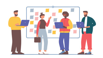 Obraz premium Group of people collaborating with laptops and sticky notes on a whiteboard in a business setting