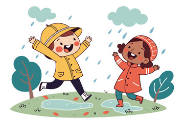 Happy children playing in the rain with raincoats and boots vector illustration