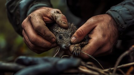 Close-up of dirty hands gently holding a small rodent.