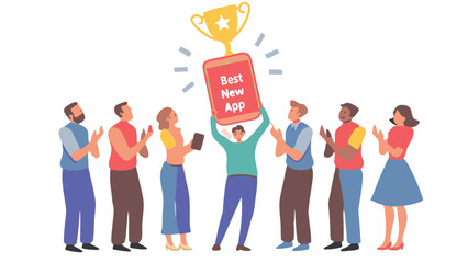Obraz premium People celebrating best new app with trophy and clapping with diverse team members and red mobile phone