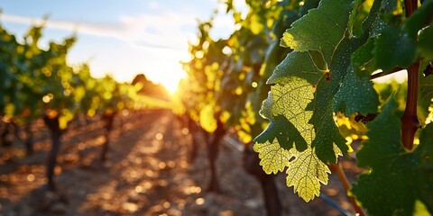 vineyard at dawn with long shadows and dew-covered leaves, horizon softly illuminated, earthy ground details visible, fine mist drifting above soil, peaceful and highly detailed natural farming
