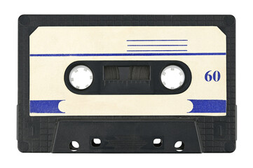 Old audio cassette tape isolated on a transparent background. Completely in focus. Full depth of field. PNG.