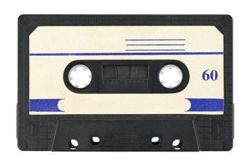 Old audio cassette tape isolated on a transparent background. Completely in focus. Full depth of field. PNG.