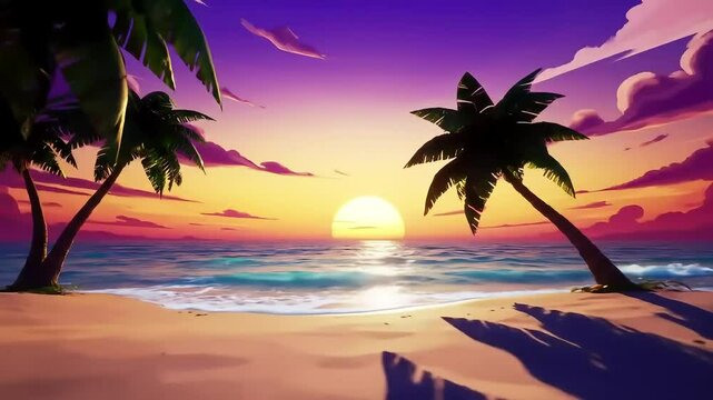 Sunny tropical beach with palm tree silhouettes on sunset background. Summer landscape. Vacation and travel concept, cartoon vector style