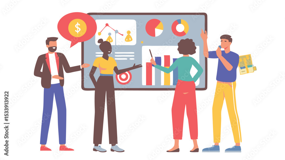 Poster group of business people presenting data on a screen with charts and graphs in a meeting setting sce
