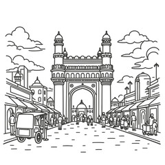Line art illustration of Charminar viewed from street level with surrounding market scene, small shops, people silhouettes, rickshaws, streetlights, distant view of entire monument