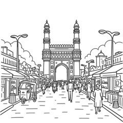 Line art illustration of Charminar viewed from street level with surrounding market scene, small shops, people silhouettes, rickshaws, streetlights, distant view of entire monument