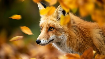 Obraz premium An enchanting fox peers from autumn leaves her amber eyes reflecting the golden season with soft