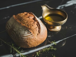 Still life with a loaf of bread, flour, oil and garlic on a black surface